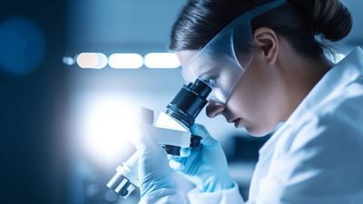 Female lab operator looking through microscope