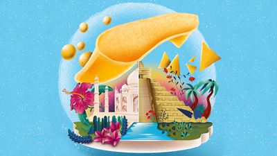 An illustrated image of Cinderella's slippers and other snacks from around the world