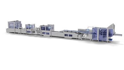 Image 1: GEA's new portfolio program and line concept for portion-precise slicing and loading of slices into the thermoformer. The focus is on maximum line efficiency with a small footprint and lower energy consumption. Source: GEA