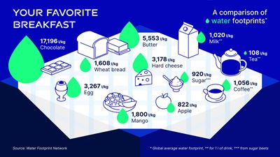 Water footprint of common foods eaten for breakfast.